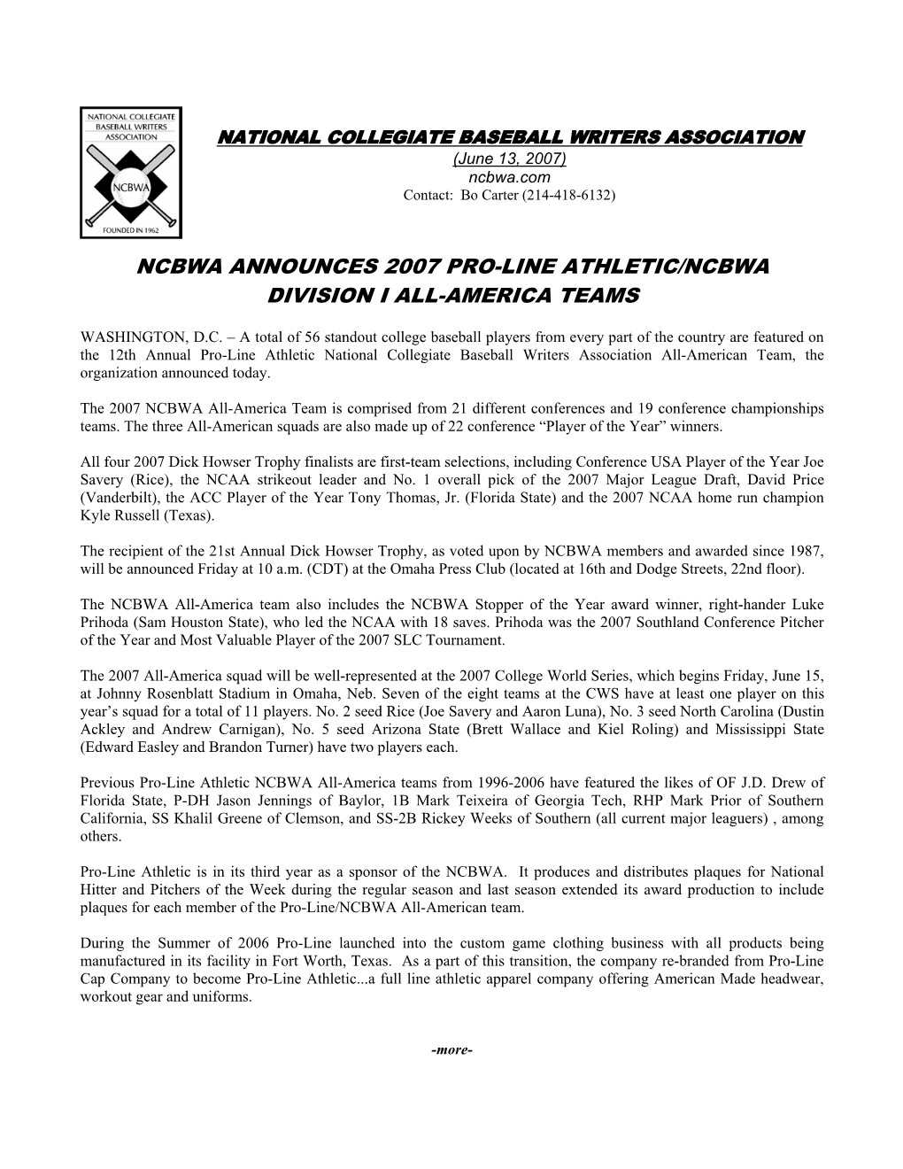 Ncbwa Announces 2007 Pro-Line Athletic/Ncbwa Division I All-America Teams
