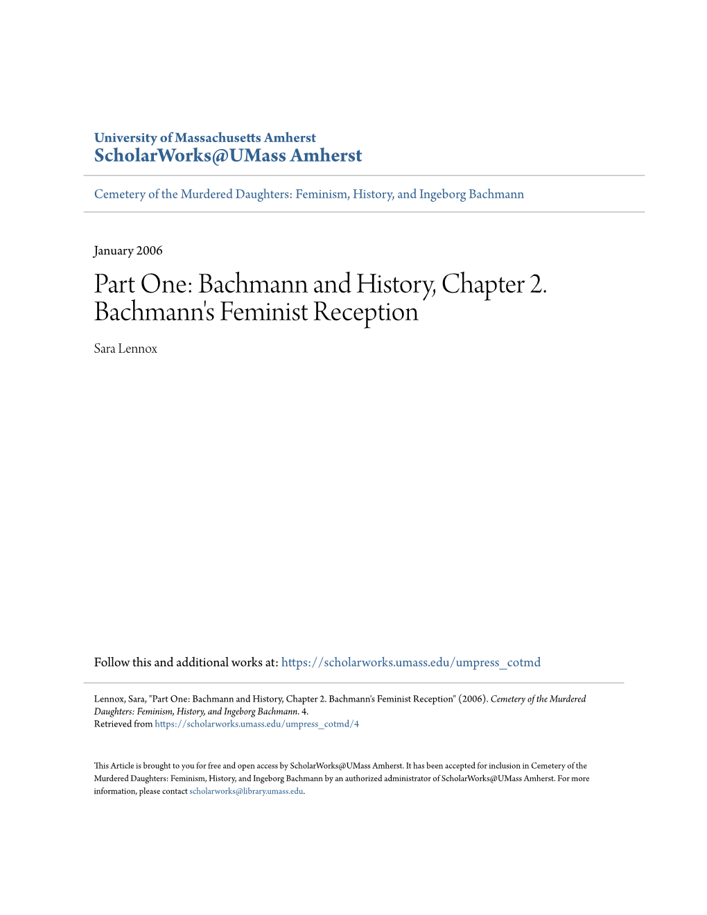 Bachmann and History, Chapter 2. Bachmann's Feminist Reception Sara Lennox