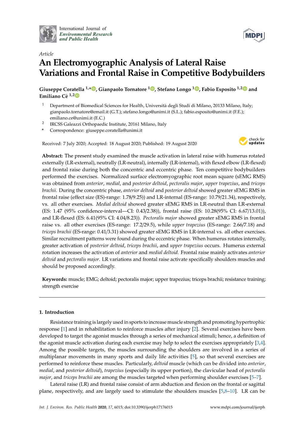 An Electromyographic Analysis of Lateral Raise Variations and Frontal Raise in Competitive Bodybuilders