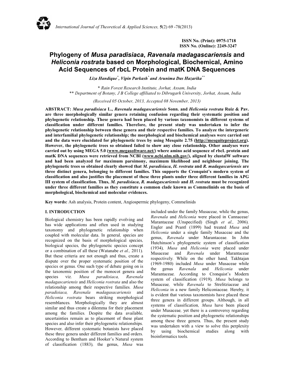 Phylogeny of Musa Paradisiaca, Ravenala Madagascariensis And