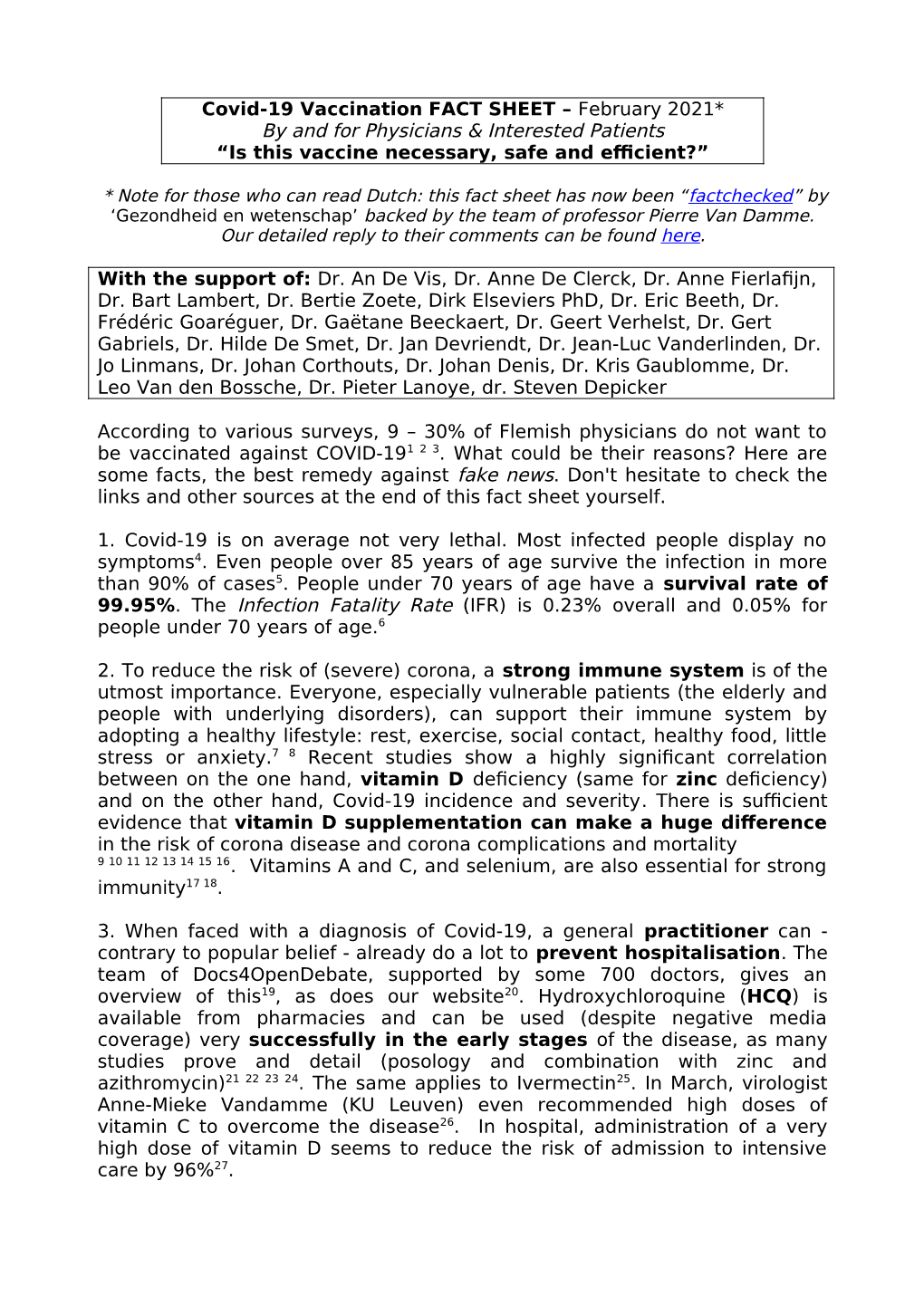 Covid-19 Vaccination FACT SHEET – February 2021* by and for Physicians & Interested Patients “Is This Vaccine Necessary, Safe and Efficient?”