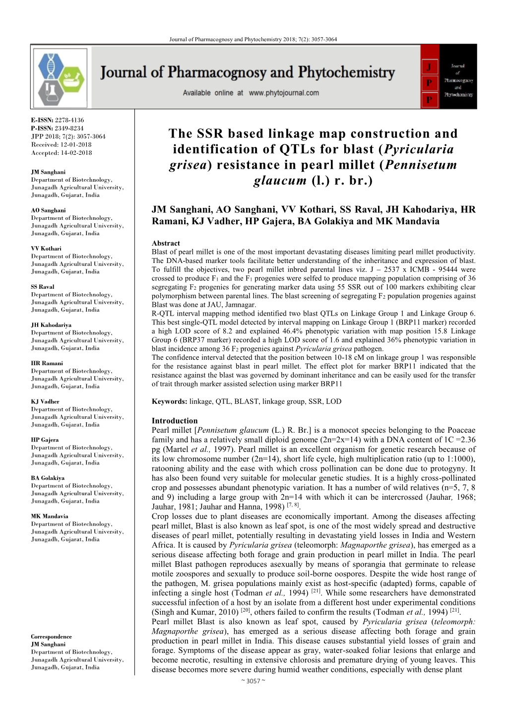 The SSR Based Linkage Map Construction and Identification of Qtls for Blast (Pyricularia Grisea) Resistance in Pearl Millet (Pen