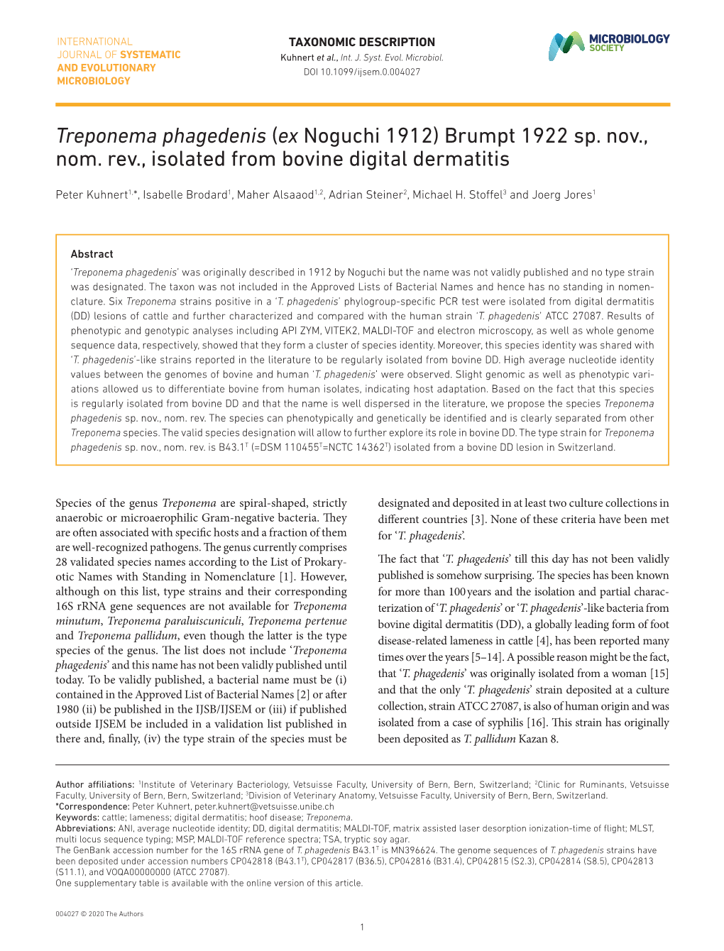 Brumpt 1922 Sp. Nov., Nom. Rev., Isolated from Bovine Digital Dermatitis