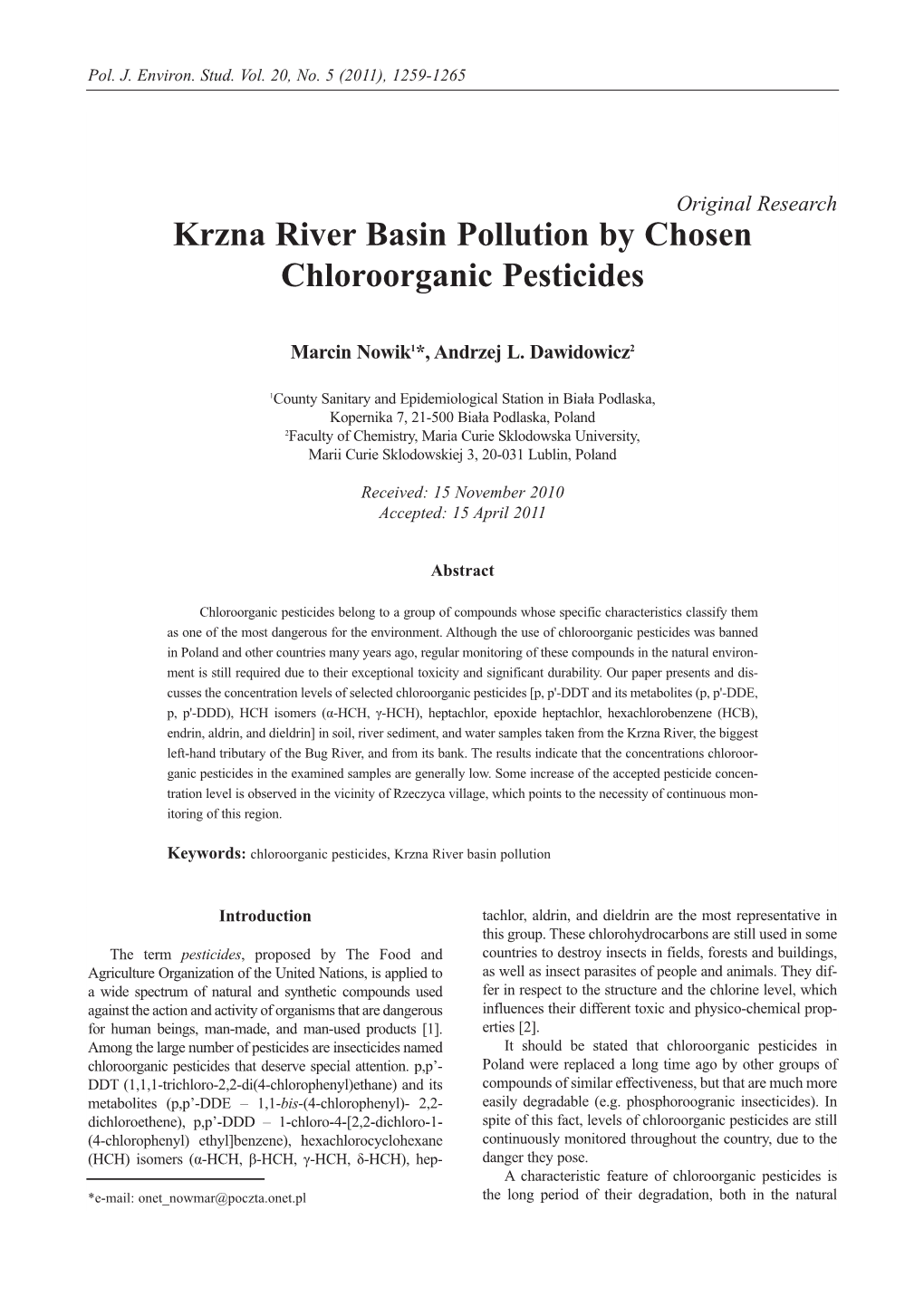 Krzna River Basin Pollution by Chosen Chloroorganic Pesticides