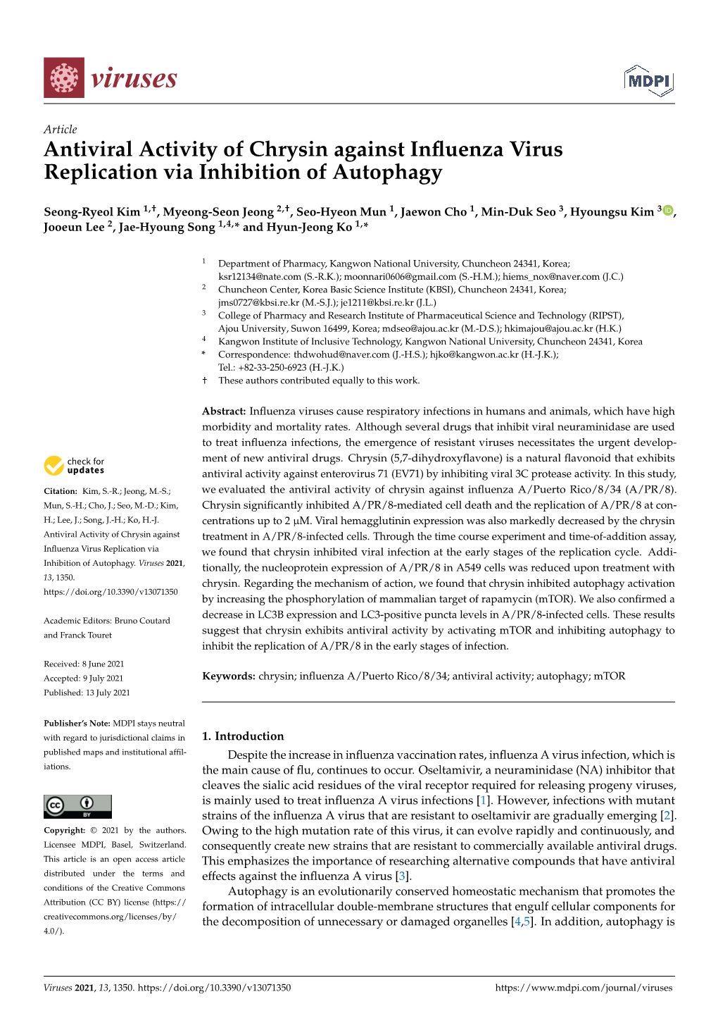 Antiviral Activity of Chrysin Against Influenza Virus Replication Via