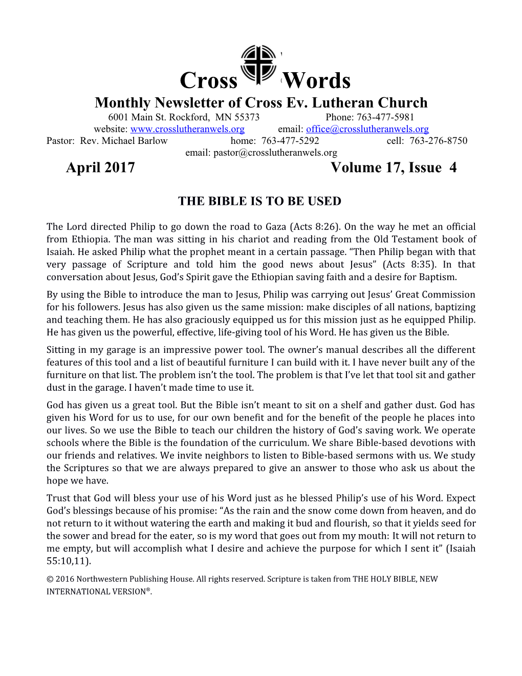 Monthly Newsletter of Cross Ev. Lutheran Church