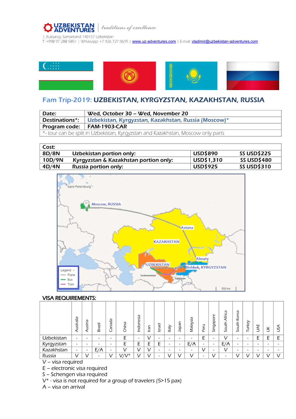 Fam Trip-2019: UZBEKISTAN, KYRGYZSTAN, KAZAKHSTAN, RUSSIA