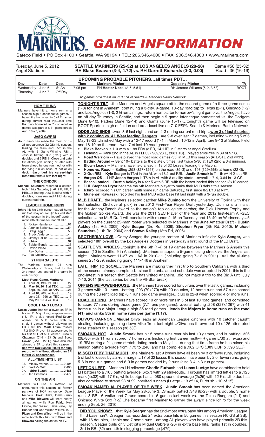 Mariners Game Notes • TUESDAY • JUNE 5\, 2012 • at LOS ANGELES ANGELS • Page 2