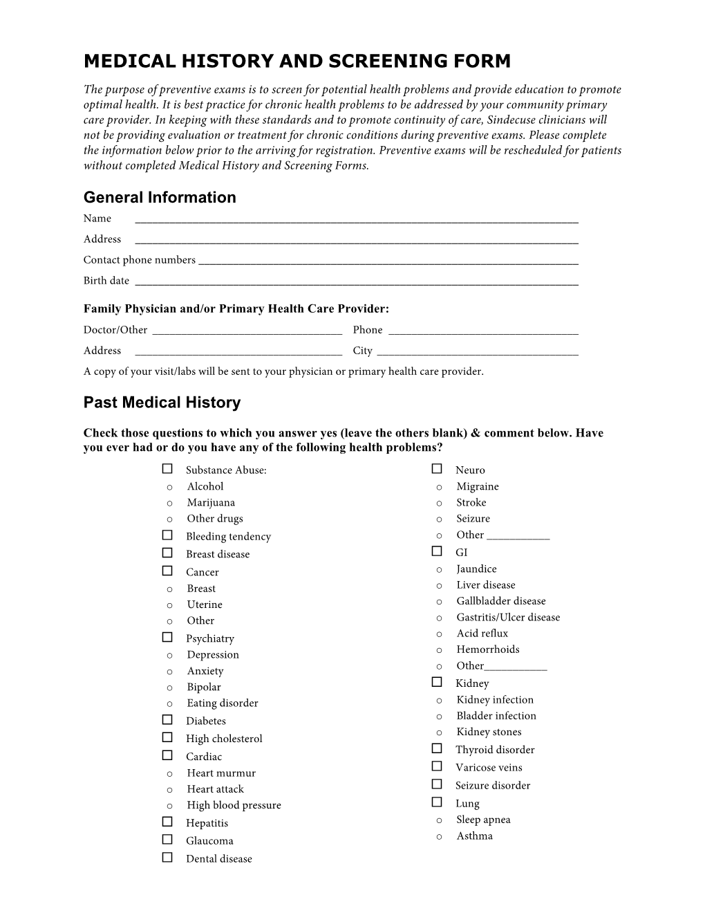Medical History and Screening Form