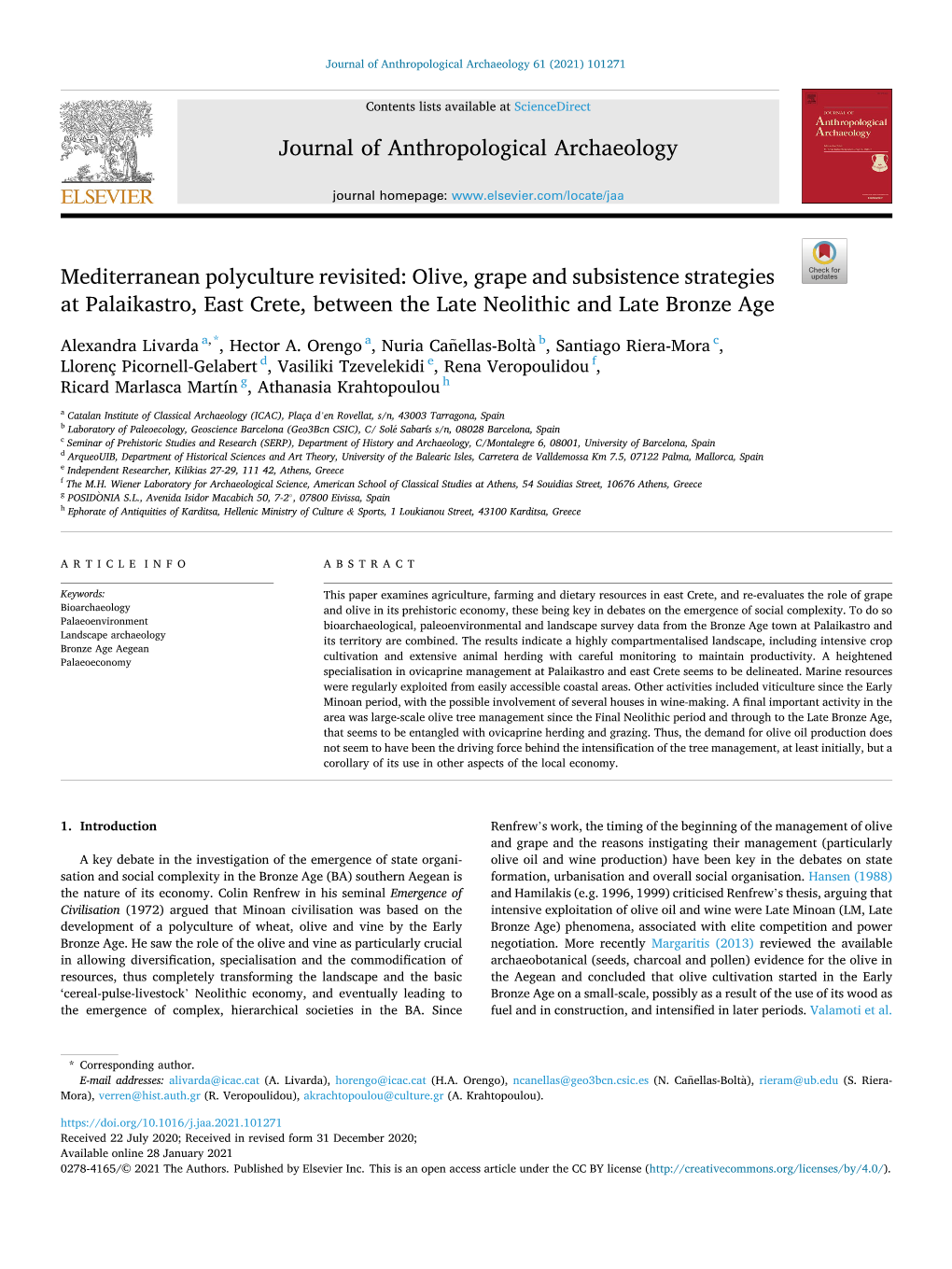 Olive, Grape and Subsistence Strategies at Palaikastro, East Crete, Between the Late Neolithic and Late Bronze Age