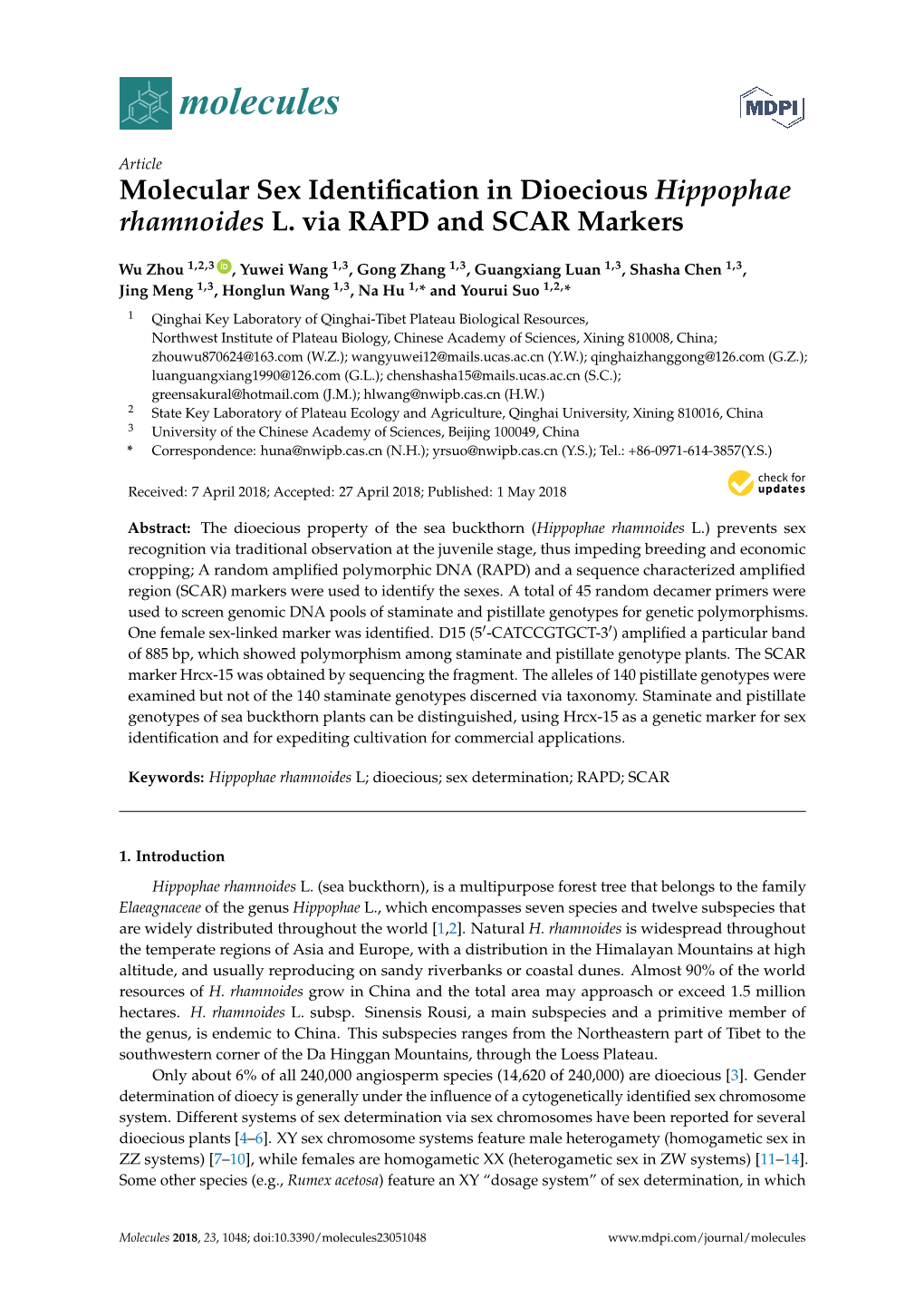 Molecular Sex Identification in Dioecious Hippophae Rhamnoides L. Via RAPD and SCAR Markers