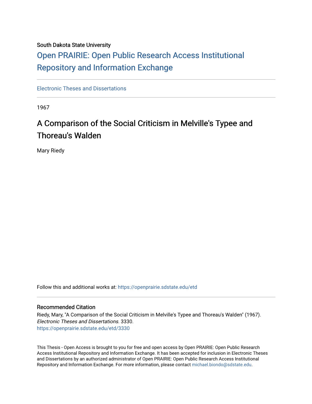 A Comparison of the Social Criticism in Melville's Typee and Thoreau's Walden