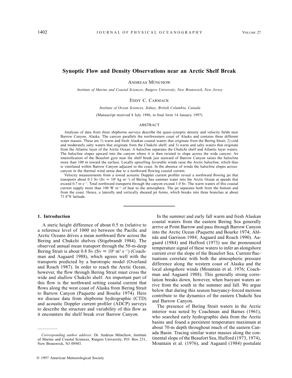 Synoptic Flow and Density Observations Near an Arctic Shelf Break