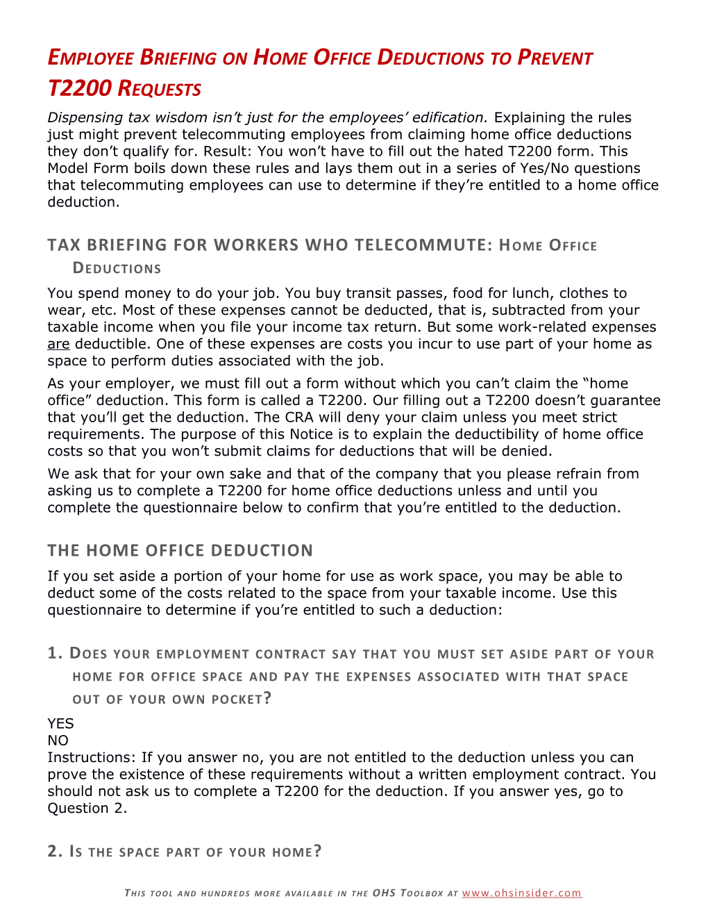 Employee Briefing on Home Office Deductions to Prevent T2200 Requests