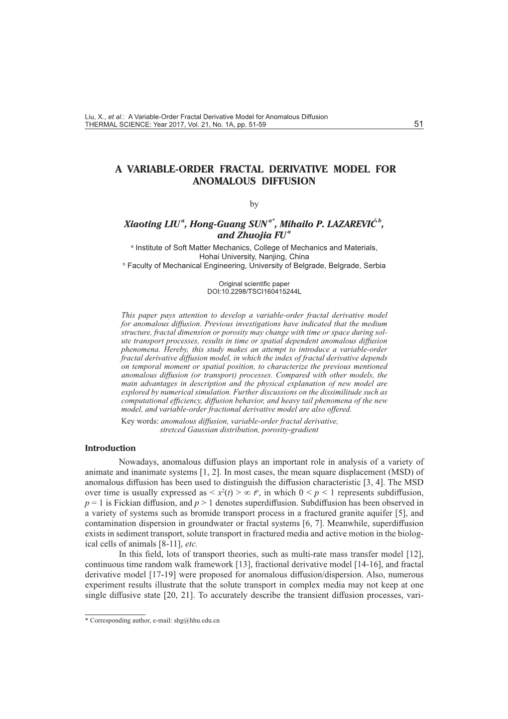 A Variable-Order Fractal Derivative Model for Anomalous Diffusion THERMAL SCIENCE: Year 2017, Vol