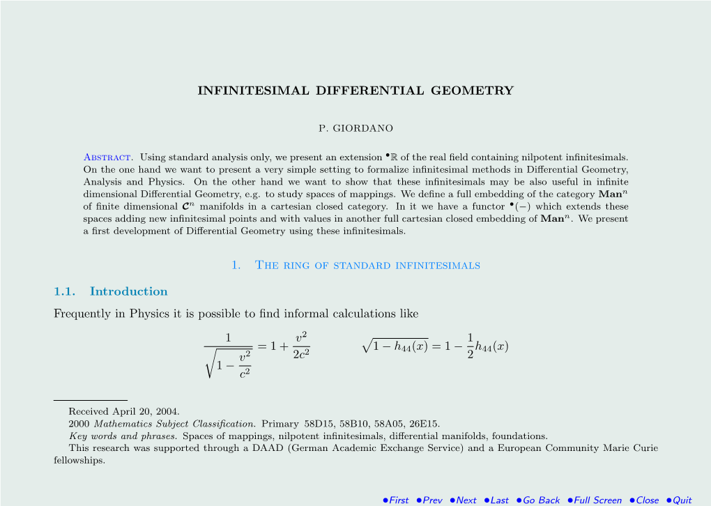 INFINITESIMAL DIFFERENTIAL GEOMETRY 1. the Ring of Standard