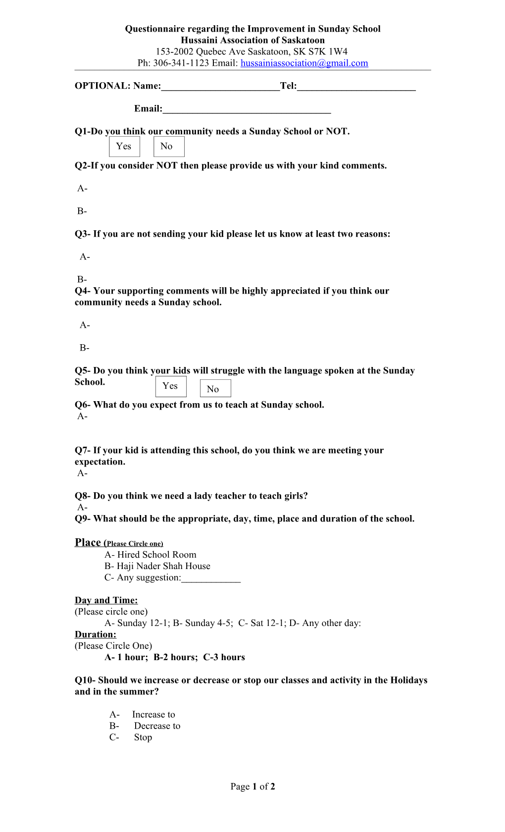 Questionnaire Regarding the Improvement in Sunday School