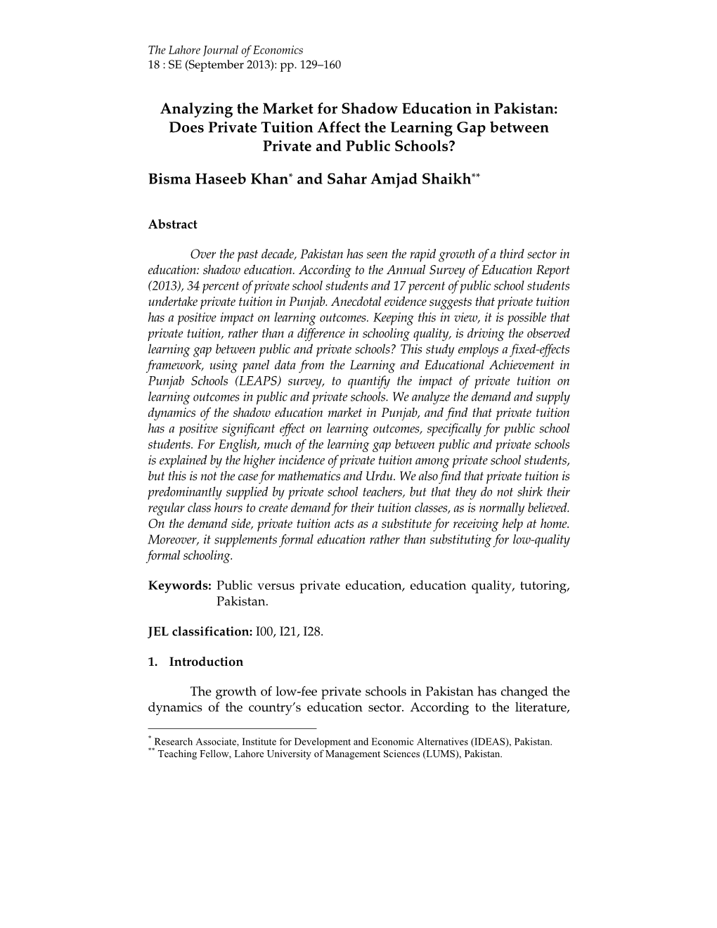 Analyzing the Market for Shadow Education in Pakistan: Does Private Tuition Affect the Learning Gap Between Private and Public Schools?