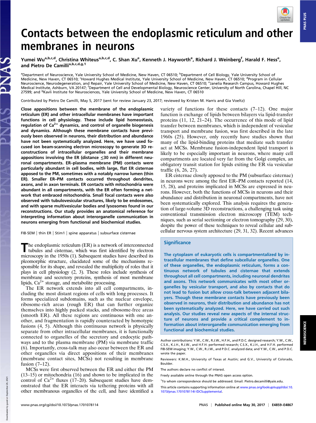 Contacts Between the Endoplasmic Reticulum and Other Membranes In