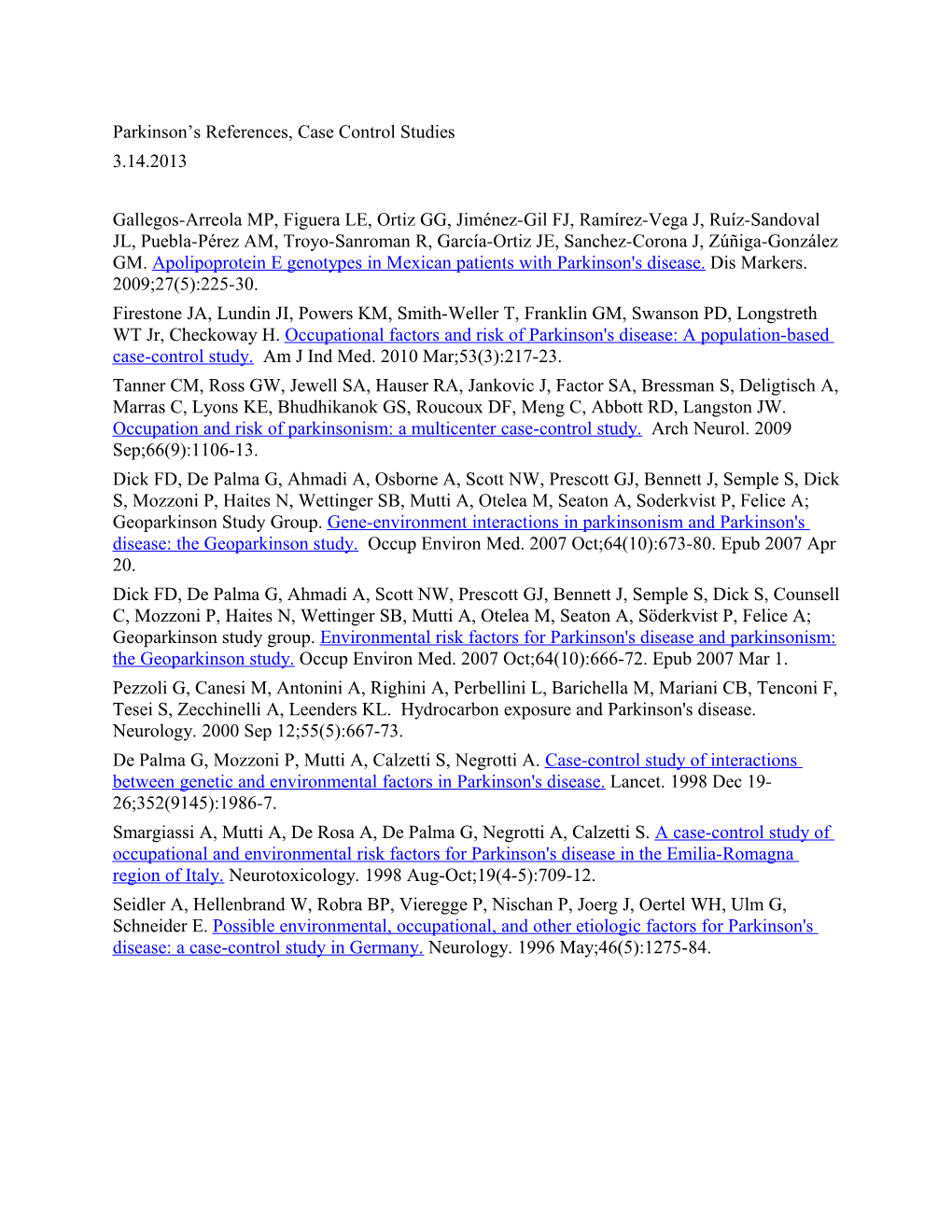 Parkinson S References, Case Control Studies