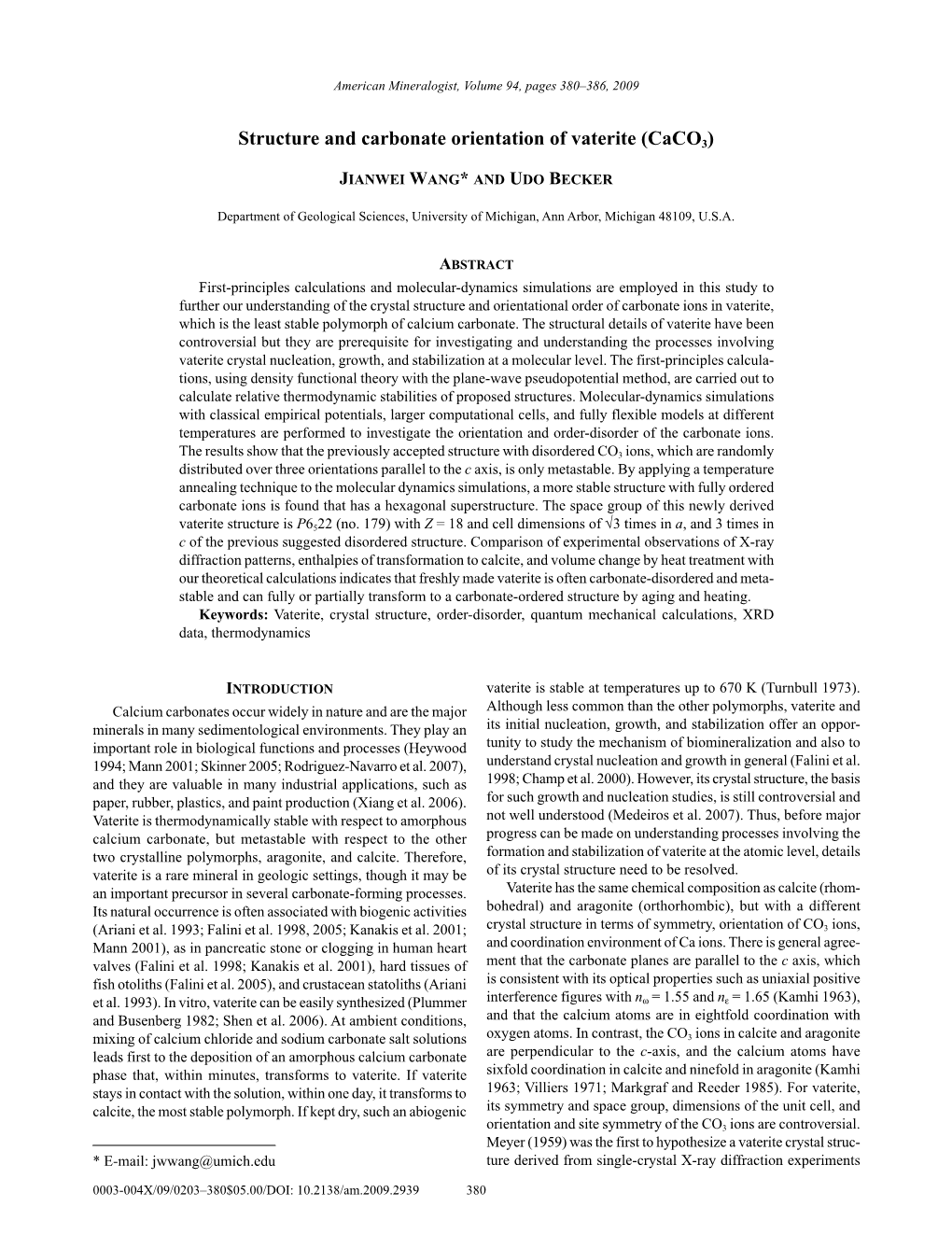 Structure and Carbonate Orientation of Vaterite (Caco3)