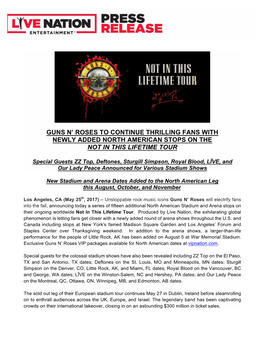 Guns N' Roses to Continue Thrilling Fans with Newly Added North American Stops on the Not in This Lifetime Tour