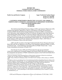 CSPA and AW Response in Opposition to Waiver of Certification, P-2105, May 5, 2020 1 Watershed