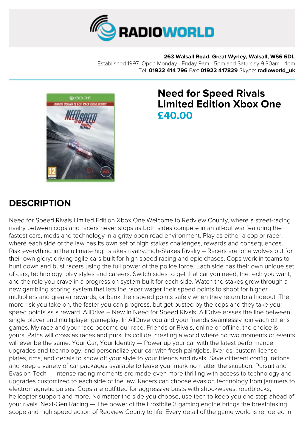 Need for Speed Rivals Limited Edition Xbox One £40.00