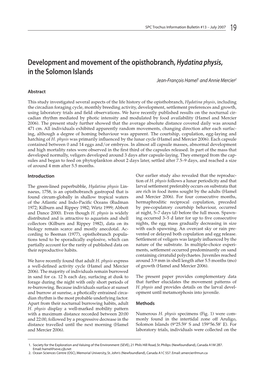 Development and Movement of the Opisthobranch, Hydatina Physis, in the Solomon Islands Jean-François Hamel1 and Annie Mercier2