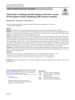 Clinical Trials in Radiology and Data Sharing: Results from a Survey of the European Society of Radiology (ESR) Research Committee