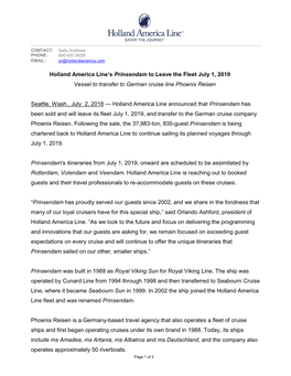 Holland America Line's Prinsendam to Leave the Fleet July 1, 2019