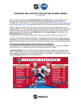 PANTHERS and JETS SET for 2018 NHL GLOBAL SERIES Oct