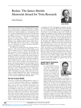 The James Shields Memorial Award for Twin Research
