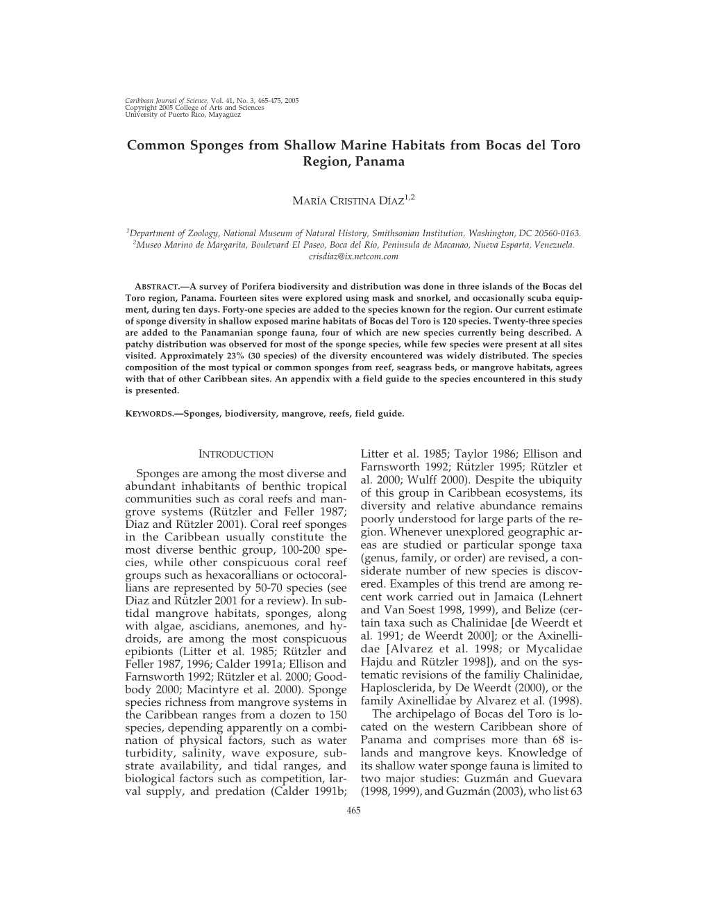 Common Sponges from Shallow Marine Habitats from Bocas Del Toro Region, Panama