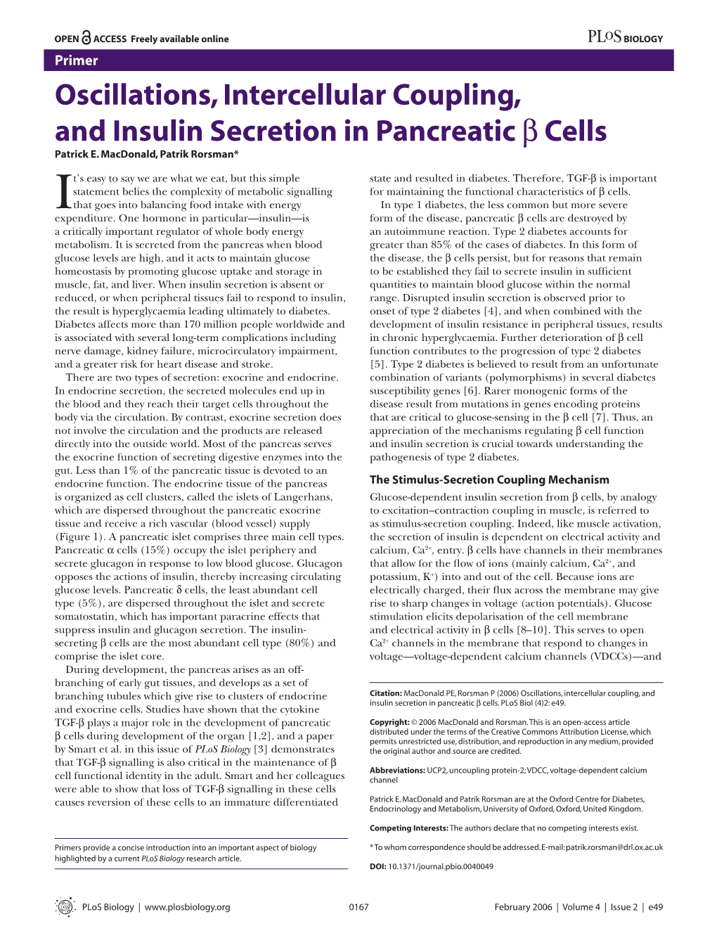 Oscillations, Intercellular Coupling, and Insulin Secretion in Pancreatic Β Cells Patrick E