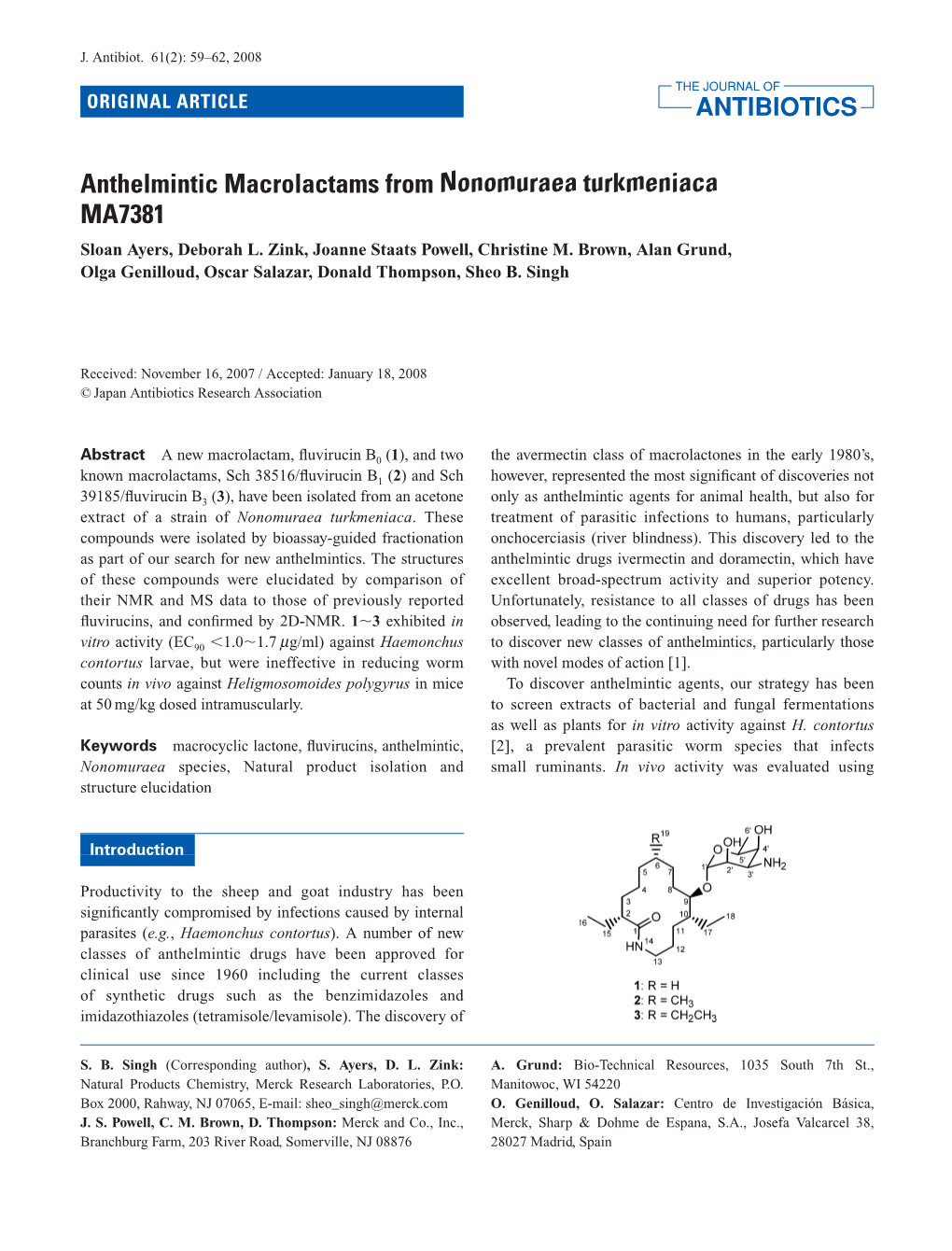 Anthelmintic Macrolactams from Nonomuraea Turkmeniaca MA7381 Sloan Ayers, Deborah L