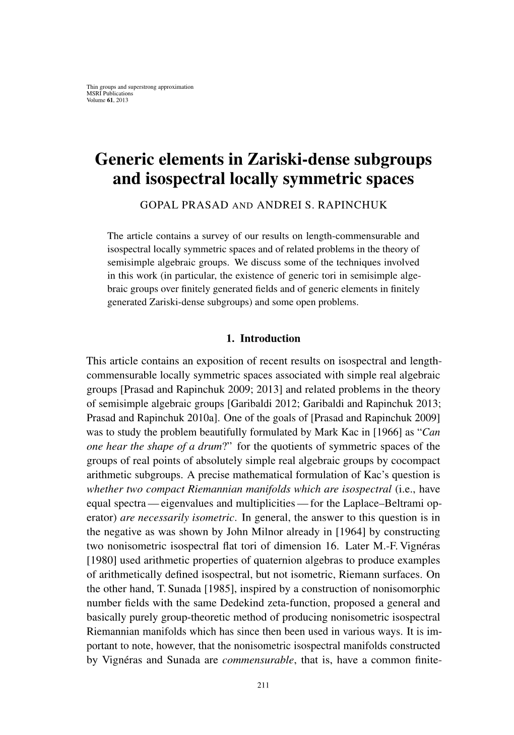 Generic Elements in Zariski-Dense Subgroups and Isospectral Locally Symmetric Spaces