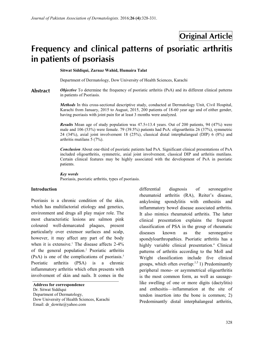 Frequency and Clinical Patterns of Psoriatic Arthritis in Patients of Psoriasis