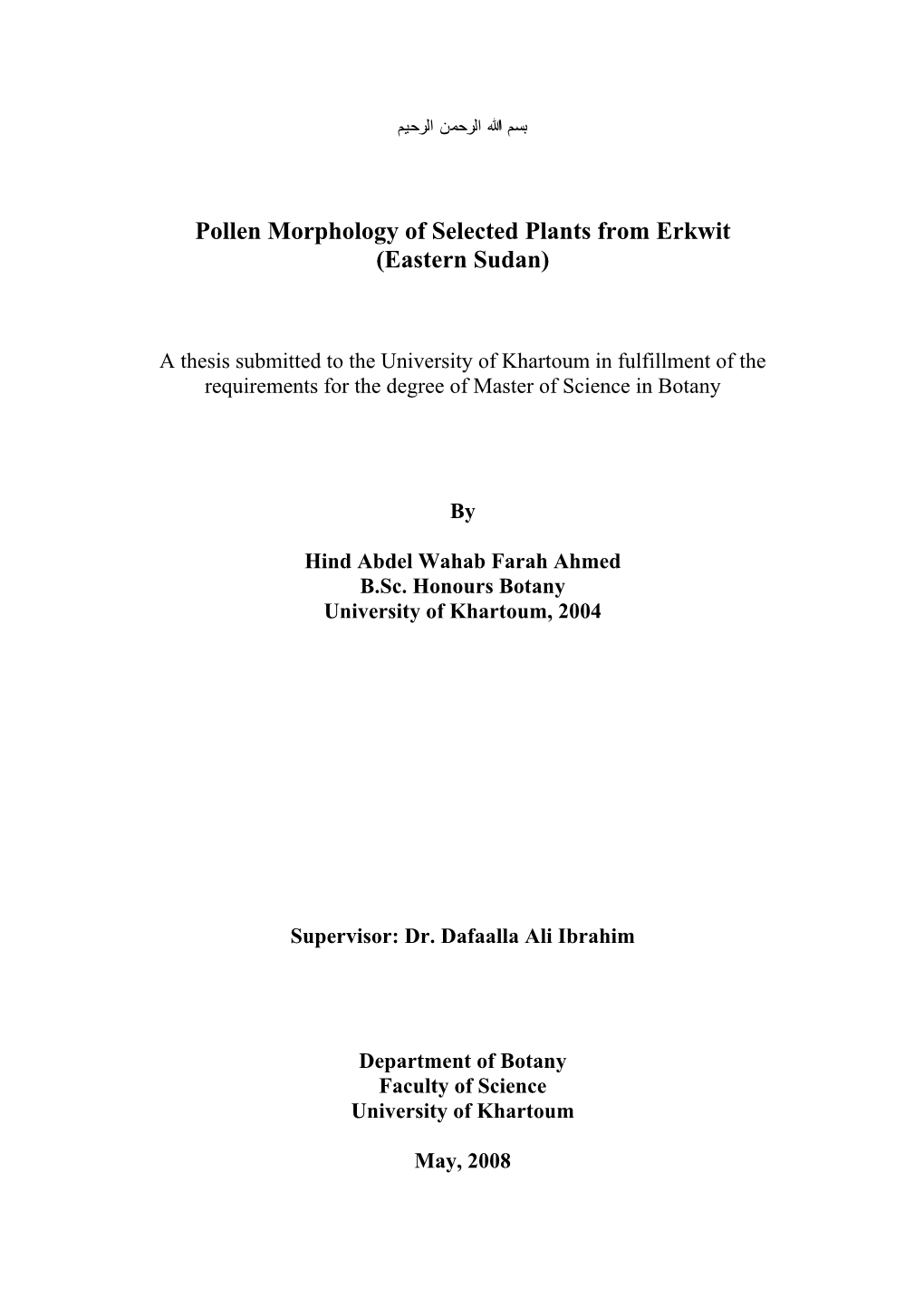 Pollen Morphology of Selected Plants from Erkwit (Eastern Sudan)