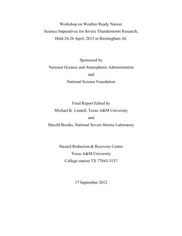 Workshop on Weather Ready Nation: Science Imperatives for Severe Thunderstorm Research, Held 24-26 April, 2012 in Birmingham AL