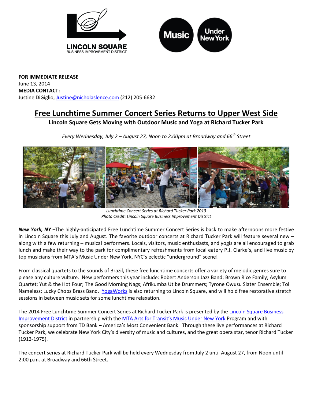 Free Lunchtime Summer Concert Series Returns to Upper West Side Lincoln Square Gets Moving with Outdoor Music and Yoga at Richard Tucker Park