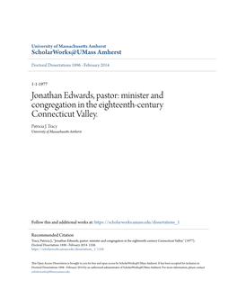 Jonathan Edwards, Pastor: Minister and Congregation in the Eighteenth-Century Connecticut Valley. Patricia J