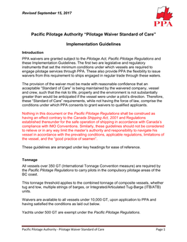 “Pilotage Waiver Standard of Care” Implementation Guidelines