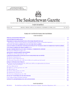 THE SASKATCHEWAN GAZETTE, April 20, 2012 769 CONTIENT PAS DE PARTIE III (RÈGLEMENTS)