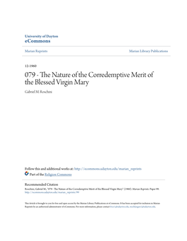 The Nature of the Corredemptive Merit of the Blessed Virgin Mary Rev