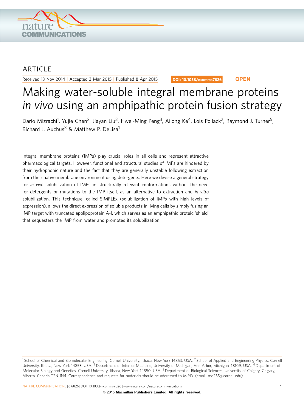 Making Water-Soluble Integral Membrane Proteins in Vivo Using an Amphipathic Protein Fusion Strategy