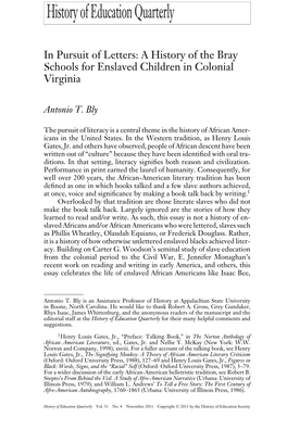 A History of the Bray Schools for Enslaved Children in Colonial Virginia