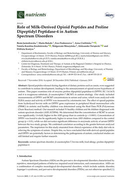 Role of Milk-Derived Opioid Peptides and Proline Dipeptidyl Peptidase-4 in Autism Spectrum Disorders