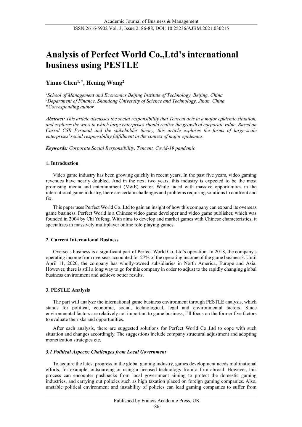 Analysis of Perfect World Co.,Ltd's International Business Using PESTLE