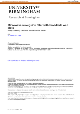 Microwave Waveguide Filter with Broadside Wall Slots Shang, Xiaobang; Lancaster, Michael; Dimov, Stefan
